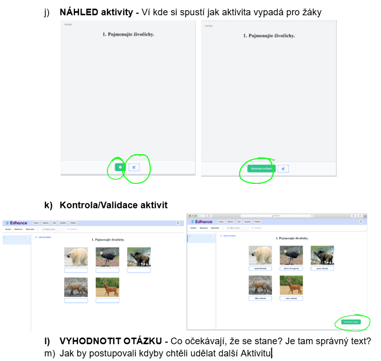 Scénář pro ověření uživatelského chování při validaci a náhledu aktivity