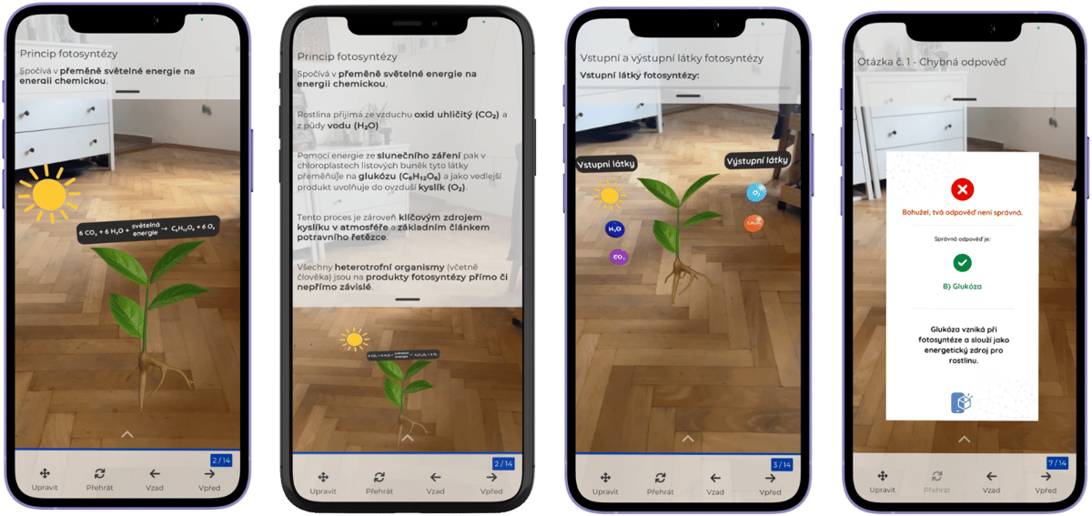 Ukázka realizované lekce v mobilní AR aplikaci demonstrující aplikovaný instrukční framework